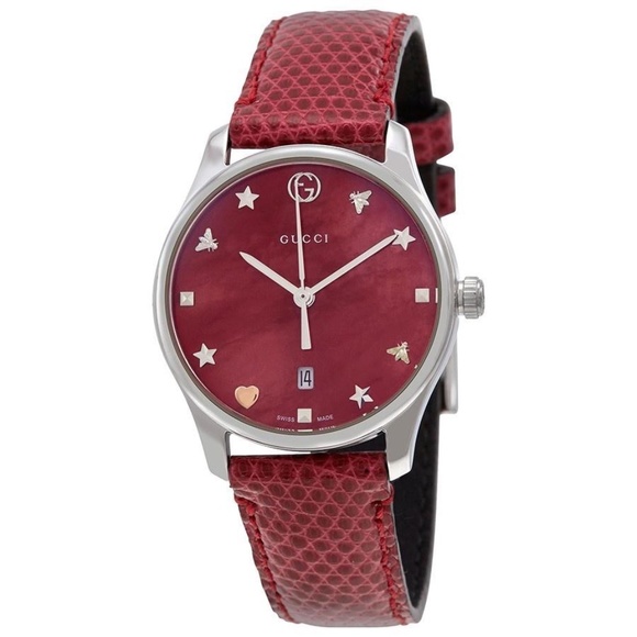 27mm Gucci G-Timeless Red Mother of Pearl Lizard Leather YA126584 - Picture 1 of 10